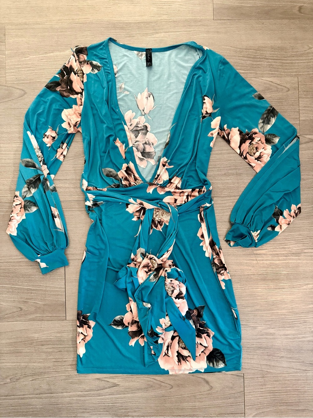 FASHION QUEEN Teal Floral V-neck Dress